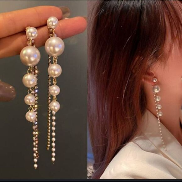 South Sea Shell Pearls & White Baguette Diamonds Earrings 18K Gold 925 Silver - Picture 4 of 5